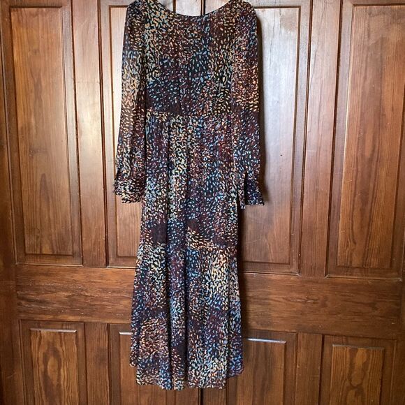 Express Metallic Printed Faux Wrap Ruffle Hi-Lo V-neck Maxi Dress S NO BELT - Picture 2 of 9
